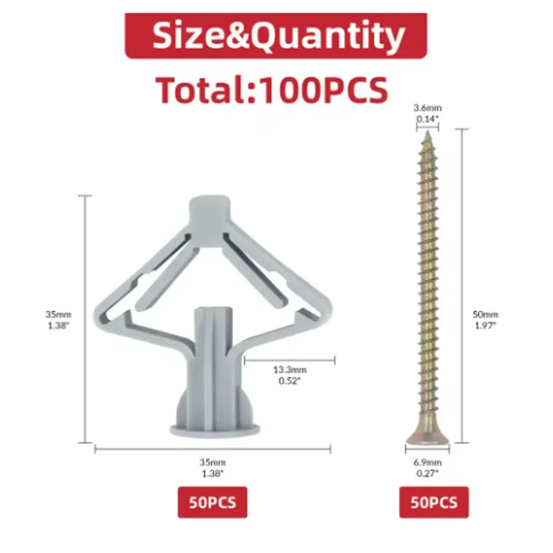 100pcs Drywall Anchor Kit Hollow Wall Anchors Plasterboard Plugs Screws Butterfly Expansion Tube Pipe 50 Set Oasis Select