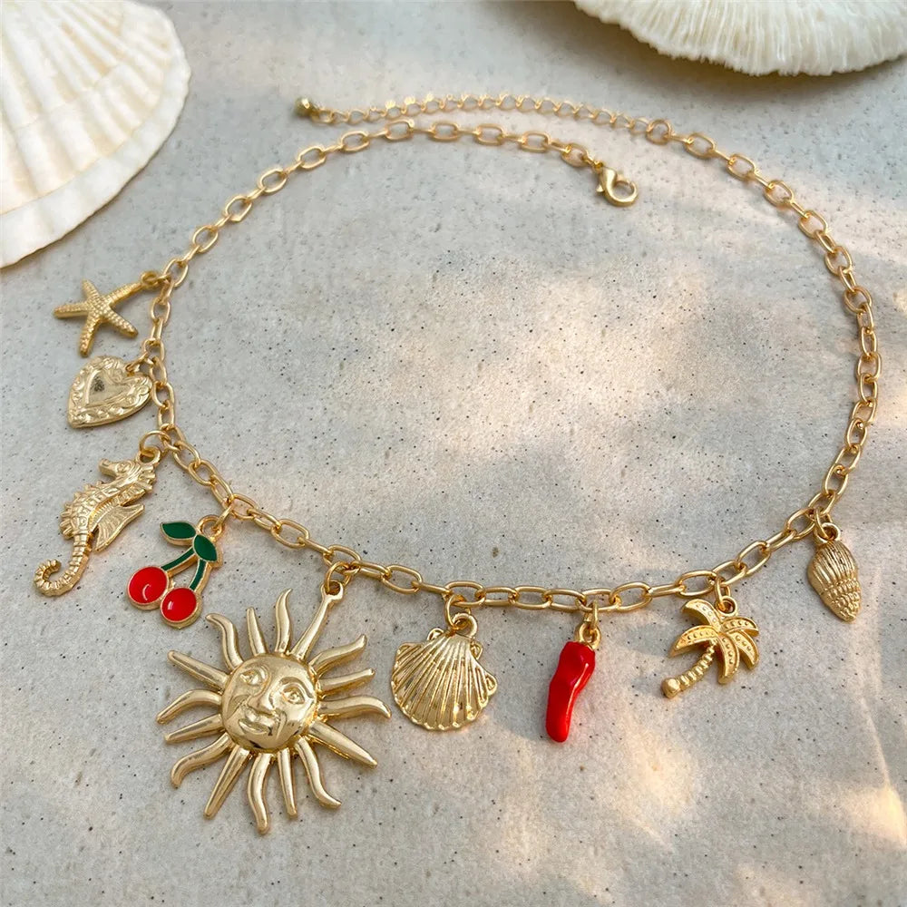 Trendy Vintage Enamel Necklace Alloy Summer Cherry Necklace Ocean Style Fashion Jewelry Gift for Women Oasis Select A