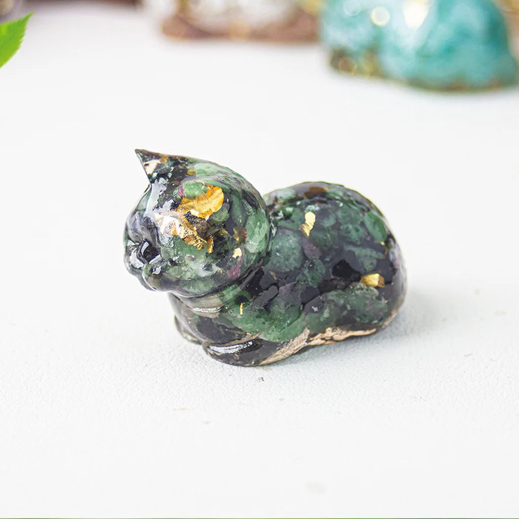 Crystal Chip Epoxy Lying Cat Figurine | Desk Decor & Gift