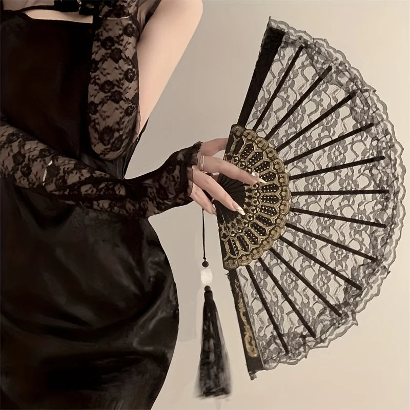 Vintage Chinese Lace Fan - Floral Pattern Black & Golden Tassel Handheld Cooling Fan, Photo Props, Summer Fashion Accessory Oasis Select
