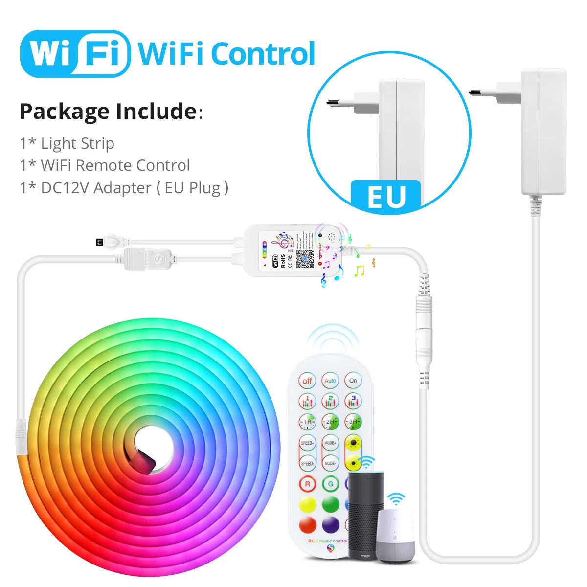 12V RGB LED Neon Strip Lights Waterproof SMD3535 Smart WiFi App Control Flexible Silicone Gel Tape Ambient Lamp for Alexa Google Oasis Select European Power Plug 3m