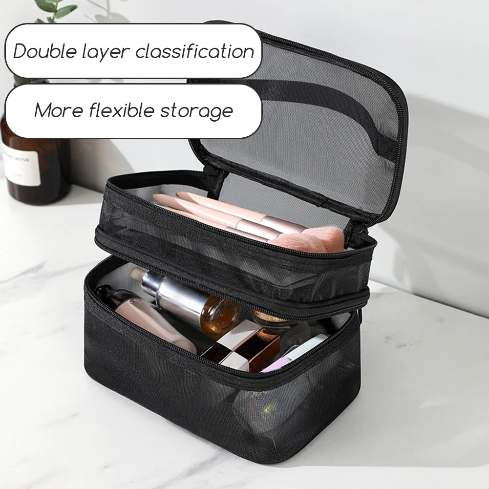 Double Layer Mesh Cosmetic Bag – Large Travel Makeup Organiser