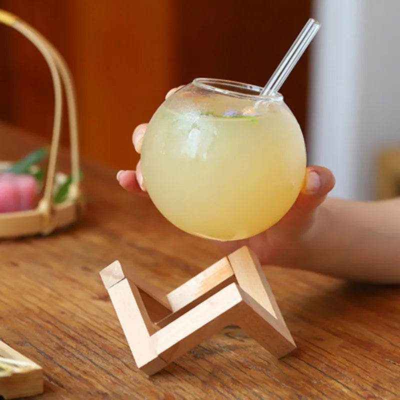 Creative Spherical Glass Cup with Wood Stand Straw Wine Cocktail Coffee Glass Cup Transparent Moon Ball Cold Drinking Juice Cups Oasis Select