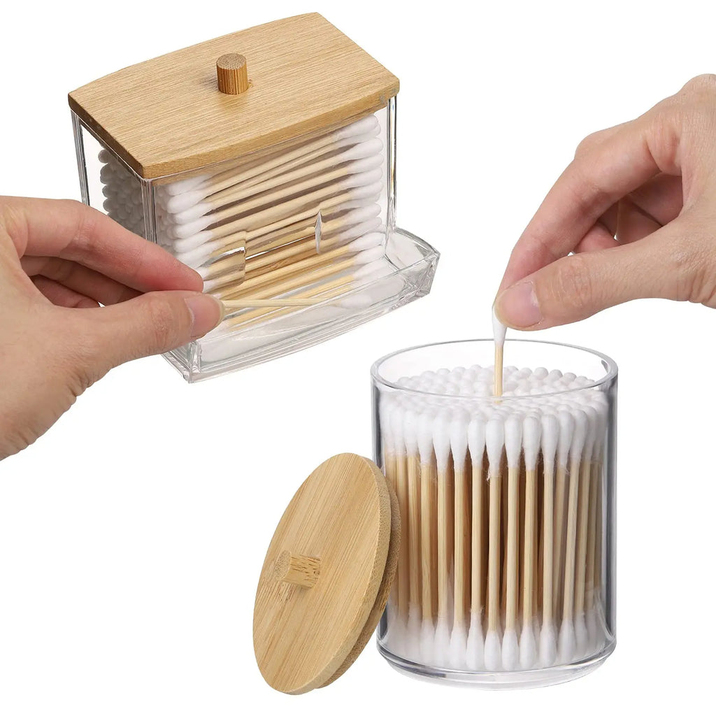 2pcs Bathroom Container with Wood Lids, 10 OZ, 7 OZ Cotton Ball/Swabs Dispenser, Apothecary Organizer Jar for Storage Oasis Select