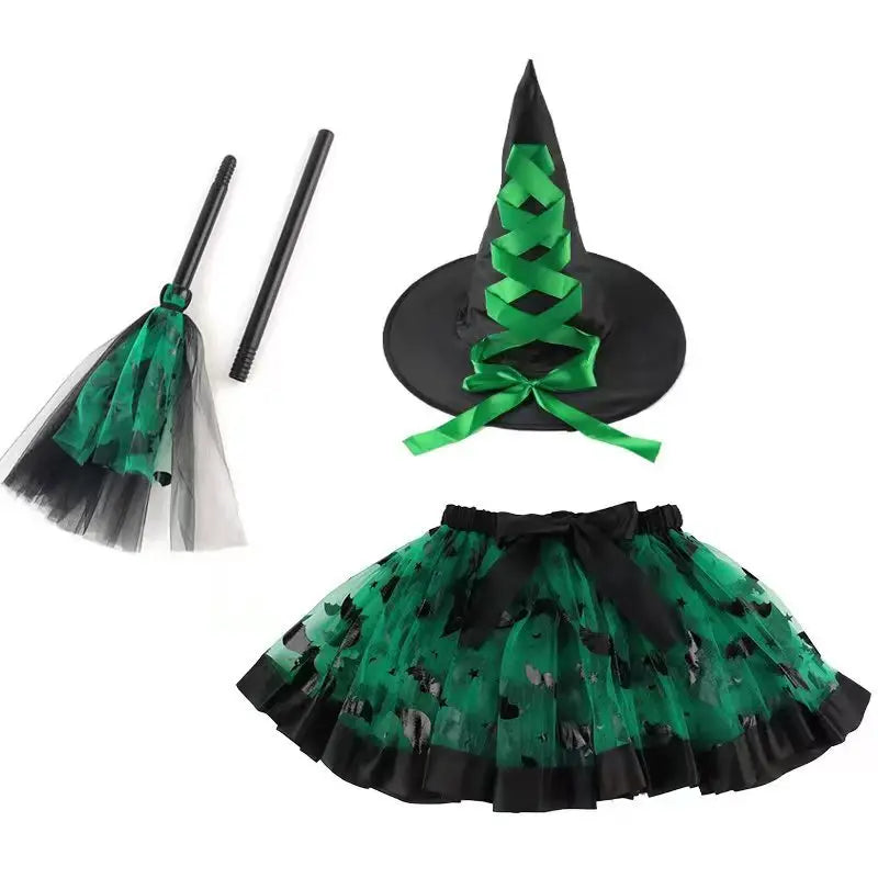 Halloween Pumpkin Dress Set Witch Broom Witch Hat Cover European and American Printed Mesh Dress Set Oasis Select Green Bat one size fits all