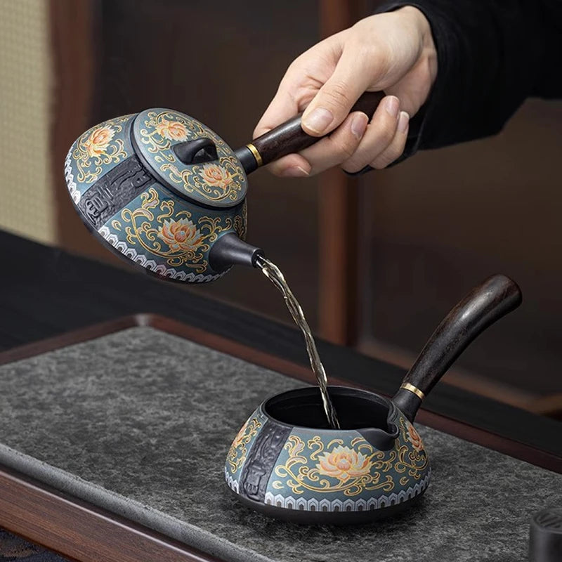Purple Sand Ruyi Side Teapot Chinese Household Filter Pot Ceramic Kung Fu Tea Set Retro Relief Bubble Teapot Oasis Select