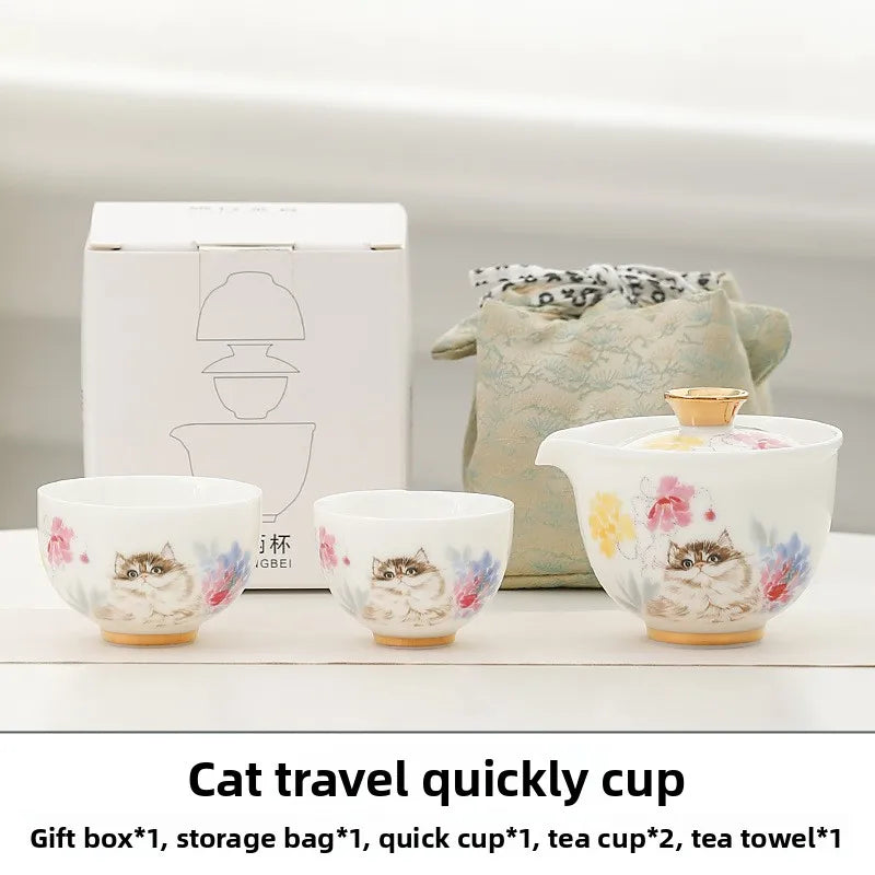 Hand Drawn Cat Quick Cup One Person Tea Set Portable Travel Tea Set Outdoor Tea Making Storage Bag Oasis Select