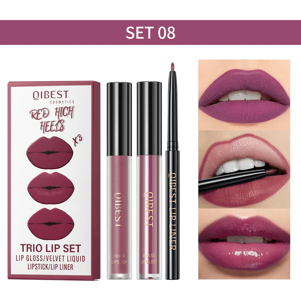 QIBEST 3-in-1 Matte Lipstick, Lip Liner & Gloss Set