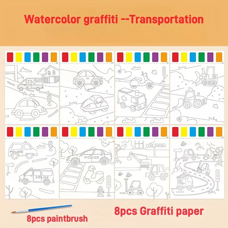 A Set of Art Tools, Including 8 Pieces of Art Paper, 8 Brushes,and 6 Colors of Paint,Suitable for Students and DIY Handmade Sets Oasis Select Cartoon