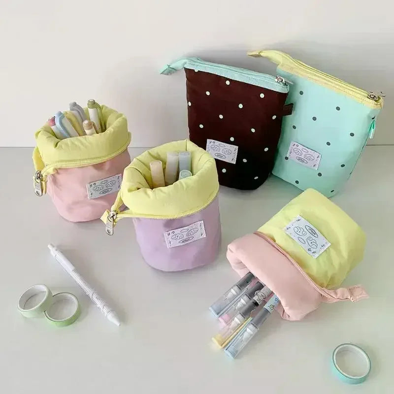 1Pcs Cute Polka Dot Solid Color Stationery Pencil Case Student Two Way Desktop Pen Holder Portable Organizer Bag ﻿ Oasis Select