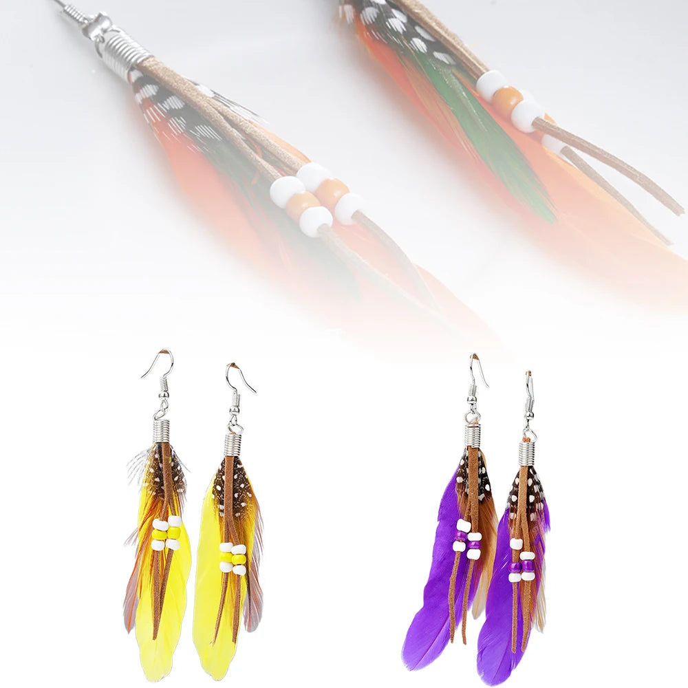 Tassel Dangling Earrings Colorful Feather Leather Beads Earrings Indian Feathers Summer Womens Fashion Jewelry Oasis Select