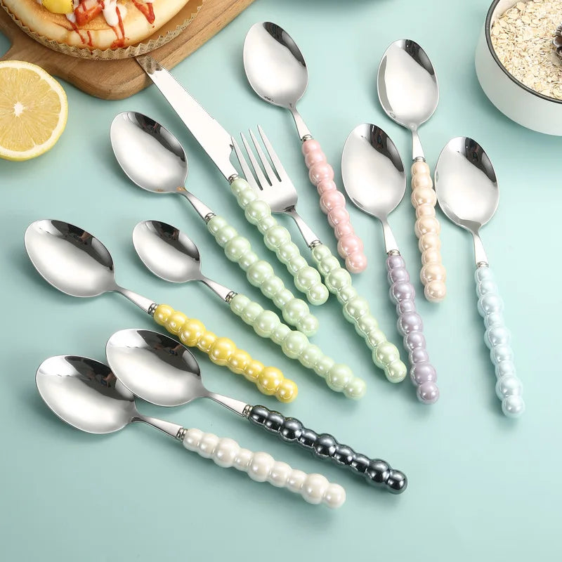 10Pcs of Ceramic Handle Tableware, Stainless Steel Spoon Set, Creative Pearl Shape Handle Soup Spoon Rice Spoon Kitchen Supplies Oasis Select