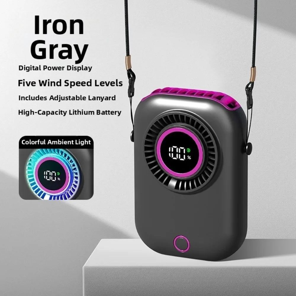 5 Speeds Mini Hanging Neck Fan Wide-Angle Airflow Ultra Quiet Portable Cooling Fan Digital Power Display Fanless Design Oasis Select Grey