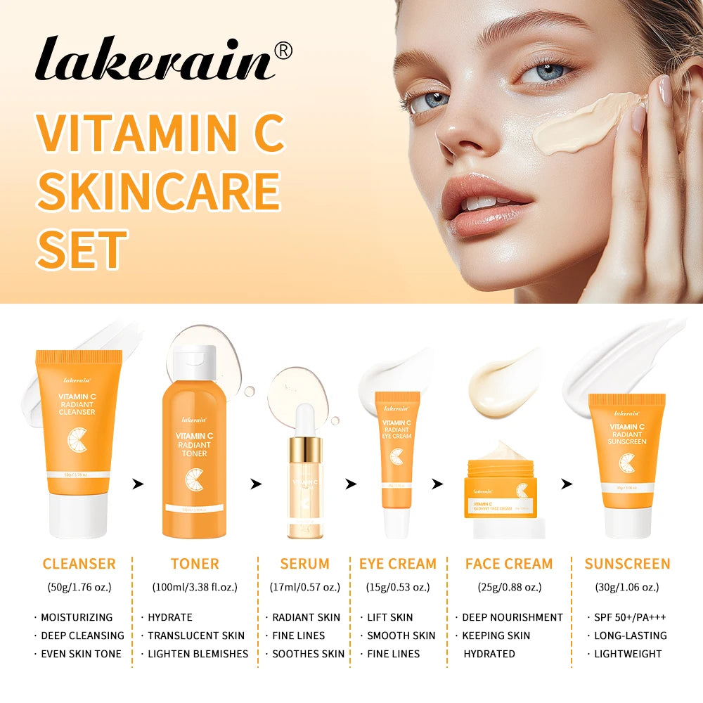 Lakerain Vitamin C Skin Care Set Whitening Cream Dark Spots Serum Dark Circle Eye Facial Cleaning Moisturizing Sunscreen Kits Oasis Select