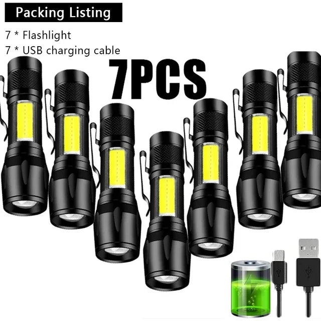COB+XPE Portable Torch 1-10PCS Mini Flashlight Zoomable Focus Light Rechargeable Tactical Flashlight Camping Emergency Lantern Oasis Select 913 7pcs