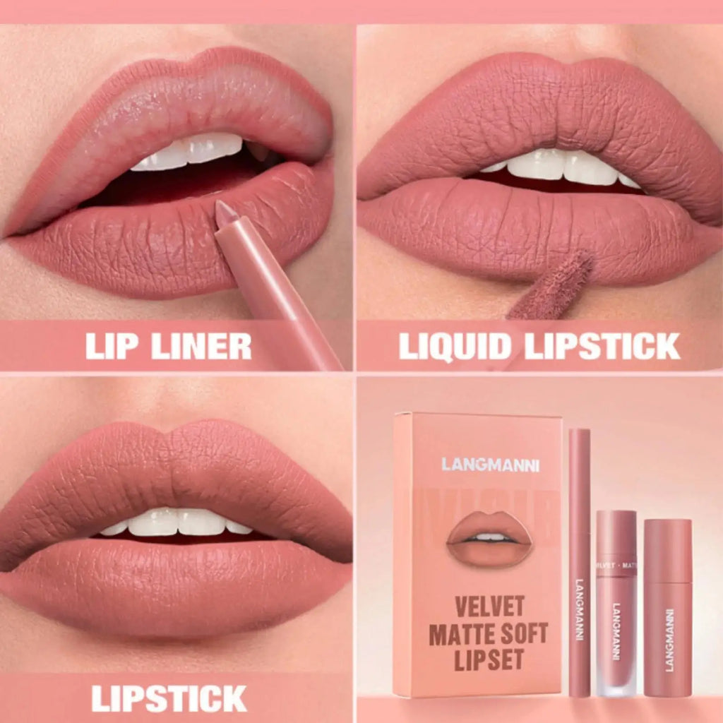 LANGMANNI 3-Piece Matte Lip Kit – Liquid Lipstick & Lipliner