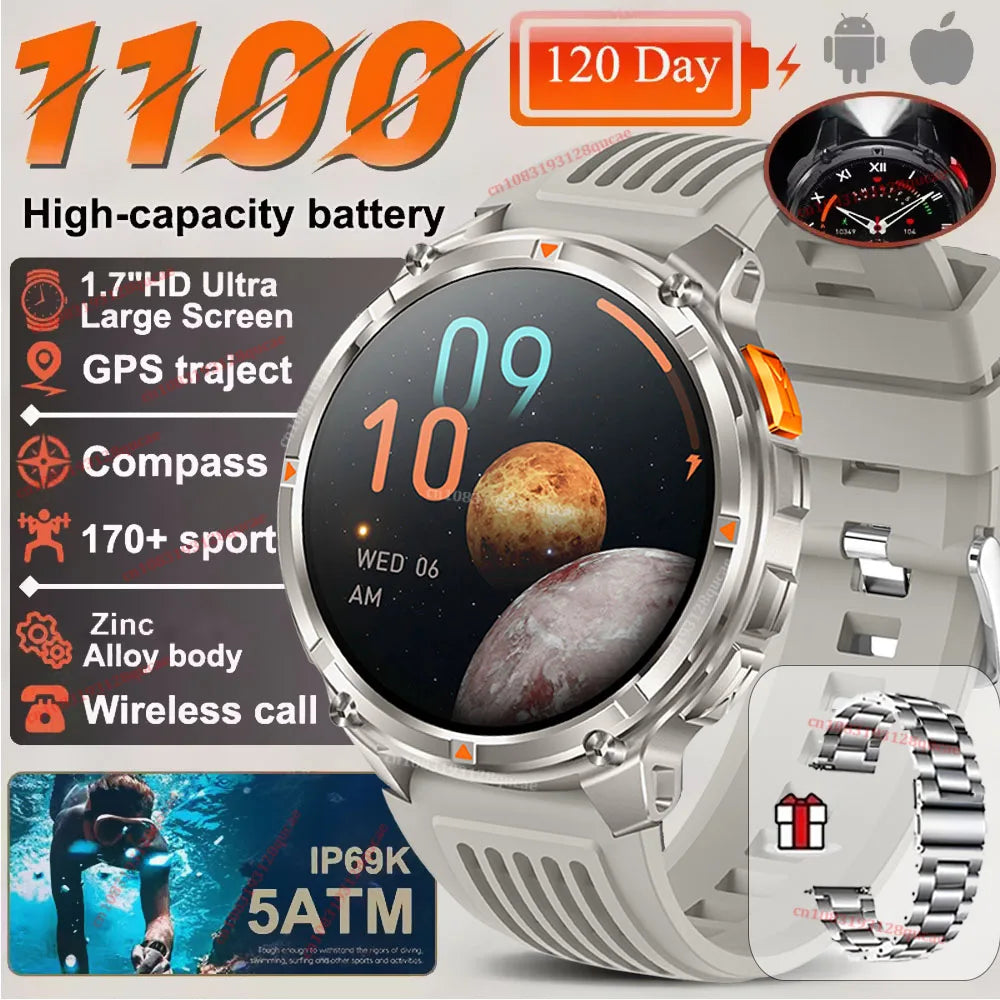 Ola Esporte Military Smartwatch 1.7" AMOLED GPS LED Flashlight