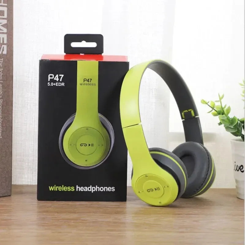 P47 Bluetooth 5.0 Wireless Headphone Foldable HIFI Stereo Bass Earphone Kid Helmet Gift With Mic USB Adaptor For iPhone Game Oasis Select green