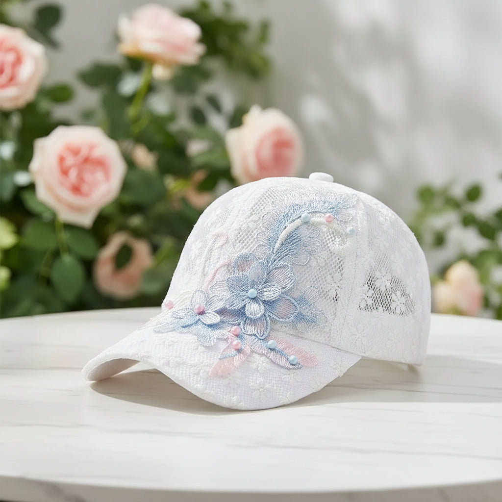 White Pink Lace Baseball Cap Embroidered Flowers Duck Tongue Breathable Baseball Cap Elegant Rebound Cap Hollow Out Baseball Cap Oasis Select