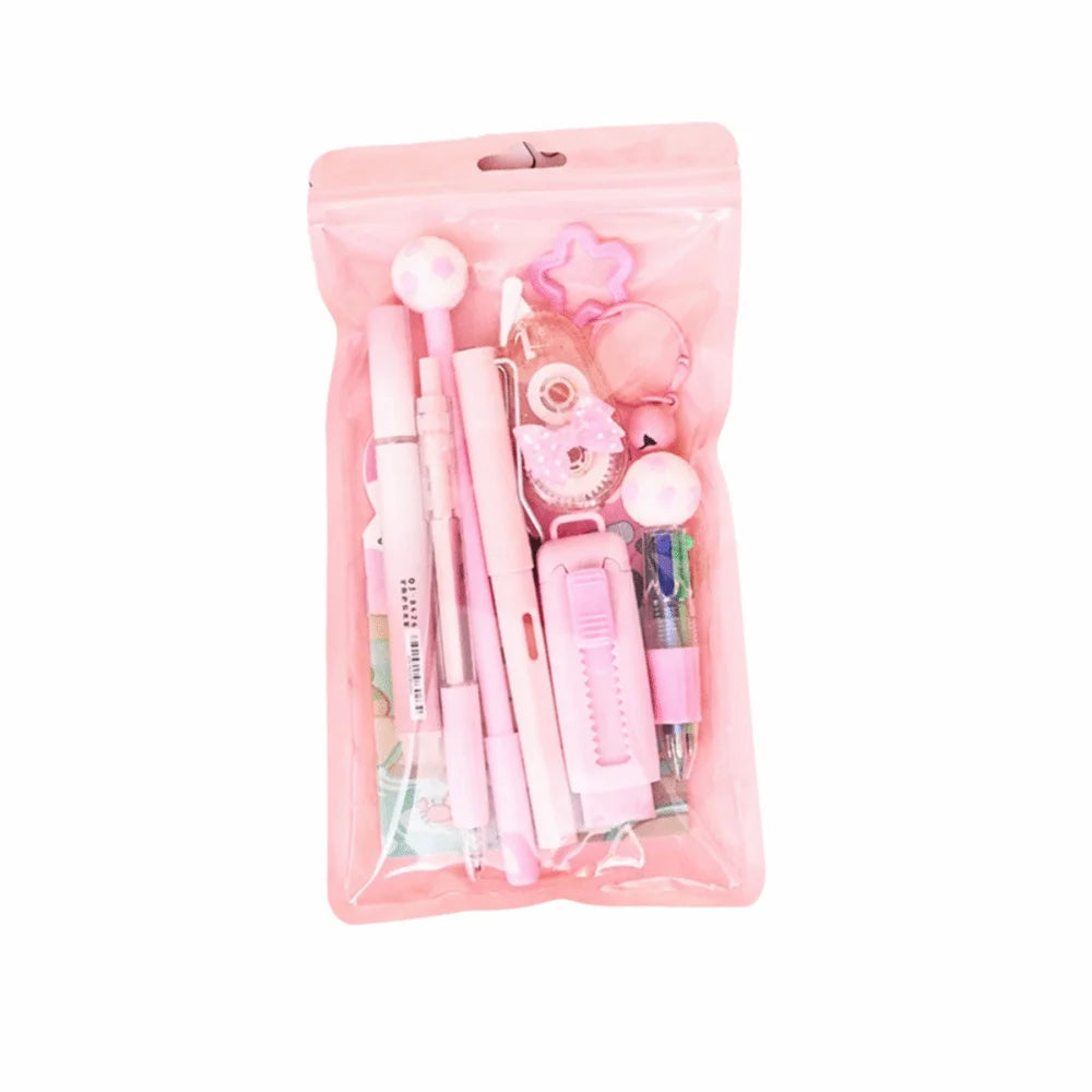 Cartoon School Stationery Set 6 Color Pens Stick Note Cartoon Stationery Set Book Ballpoint Pen Student Tools Gift Kit Oasis Select Pink