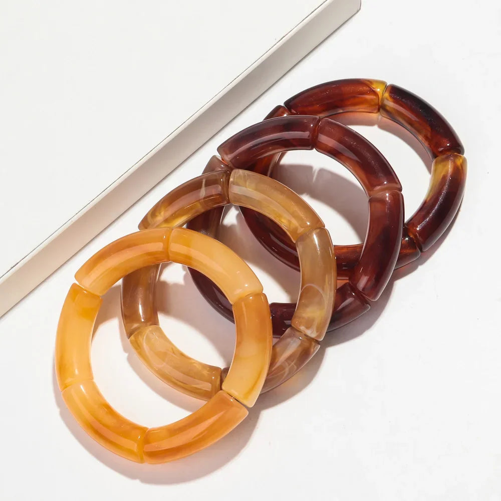 Fashion Acrylic 4PCS/Set Resin Amber Bamboo Bead Elastic Bracelet Bangles Tube Beads Handmake 2024 Trendy Designer Bracelet Set Oasis Select