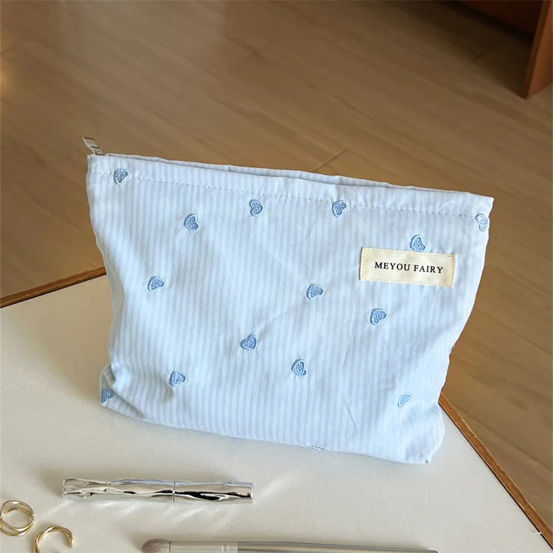 Fashion Women Bow Stripe Makeup Bag Portable Toiletry Lipsticks Cosmetic Storage Pouch Clutch Bag Ladies Organizer Handbag Oasis Select Light Blue G