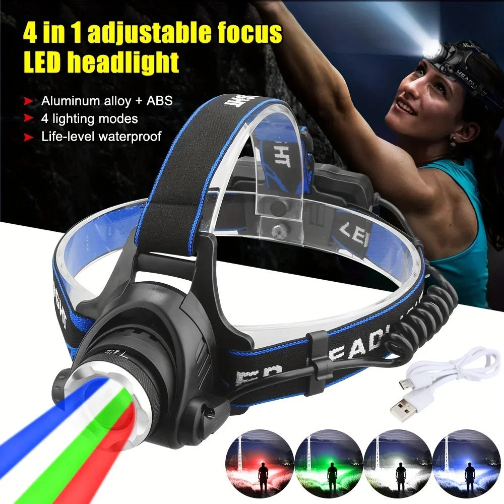 Powerful 4 In 1 LED Headlamp Red/Green/White/Blue Light Rechargeable Zoomable Headlight Head Flashlight with Adjustable Beam Oasis Select No battery include