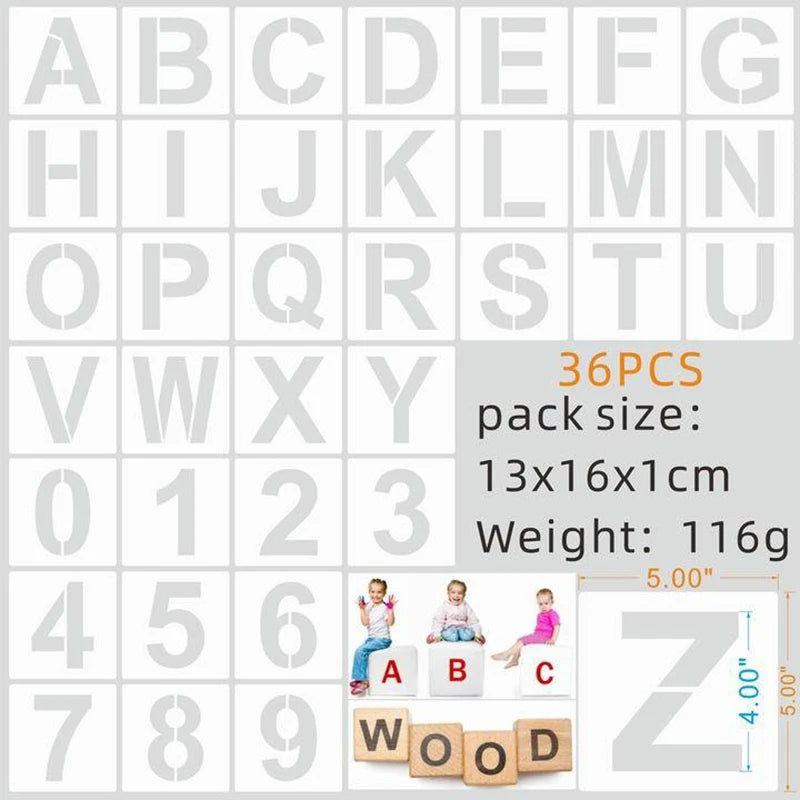 36pcs Alphabet Template Numbers Art Craft Templates Reusable Plastic Word Stickers DIY Painting Word Templates Multiple Sizes Oasis Select 4 inch