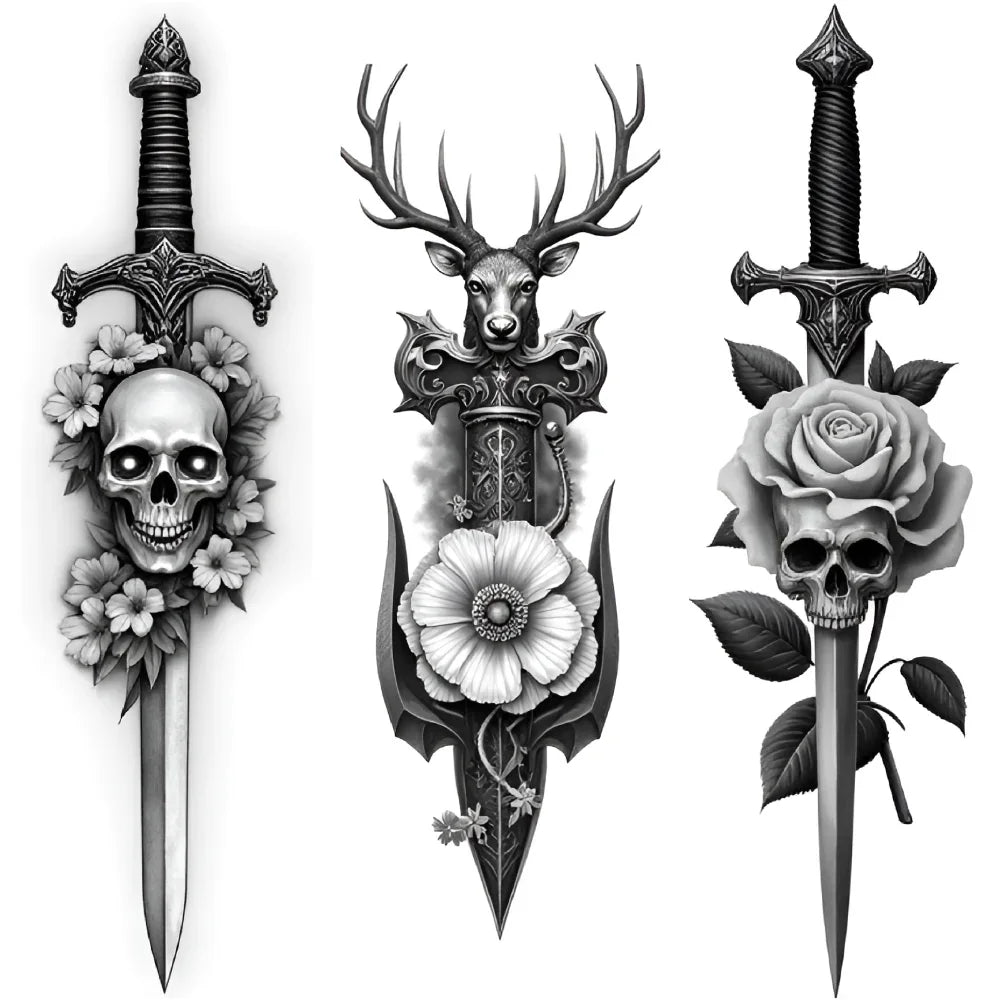 3-Pack Waterproof Temporary Tattoos – Skull & Sword Body Stickers