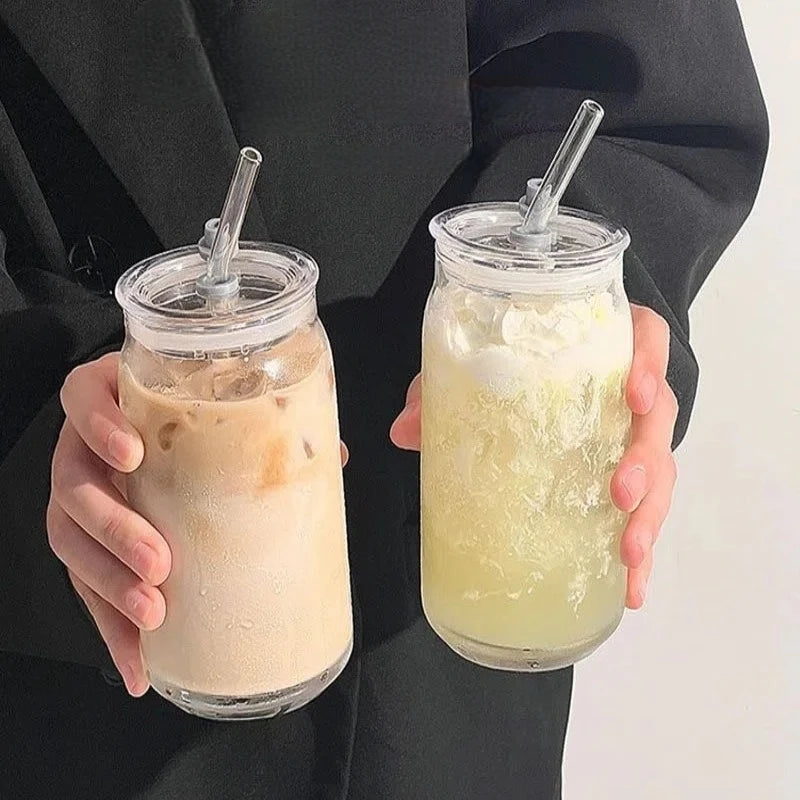 2Pcs Glass Tumbler Set with Lid Straw, High Borosilicate Reusable Clear Drinking Cups for Iced Coffee Juice Bubble Tea Home Gift Oasis Select