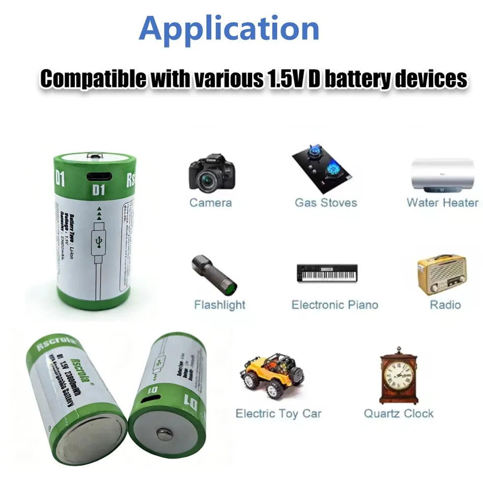 1.5V 23800mWh D Cell Batteries Rechargeable D Batteries with Charger Cable for Gas Cooker Water Heater Flashlight Radio Tool Toy Oasis Select