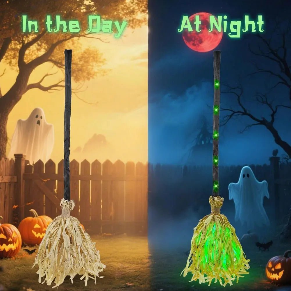 Animated Floating Witch Broom – Light-Up Halloween Decoration