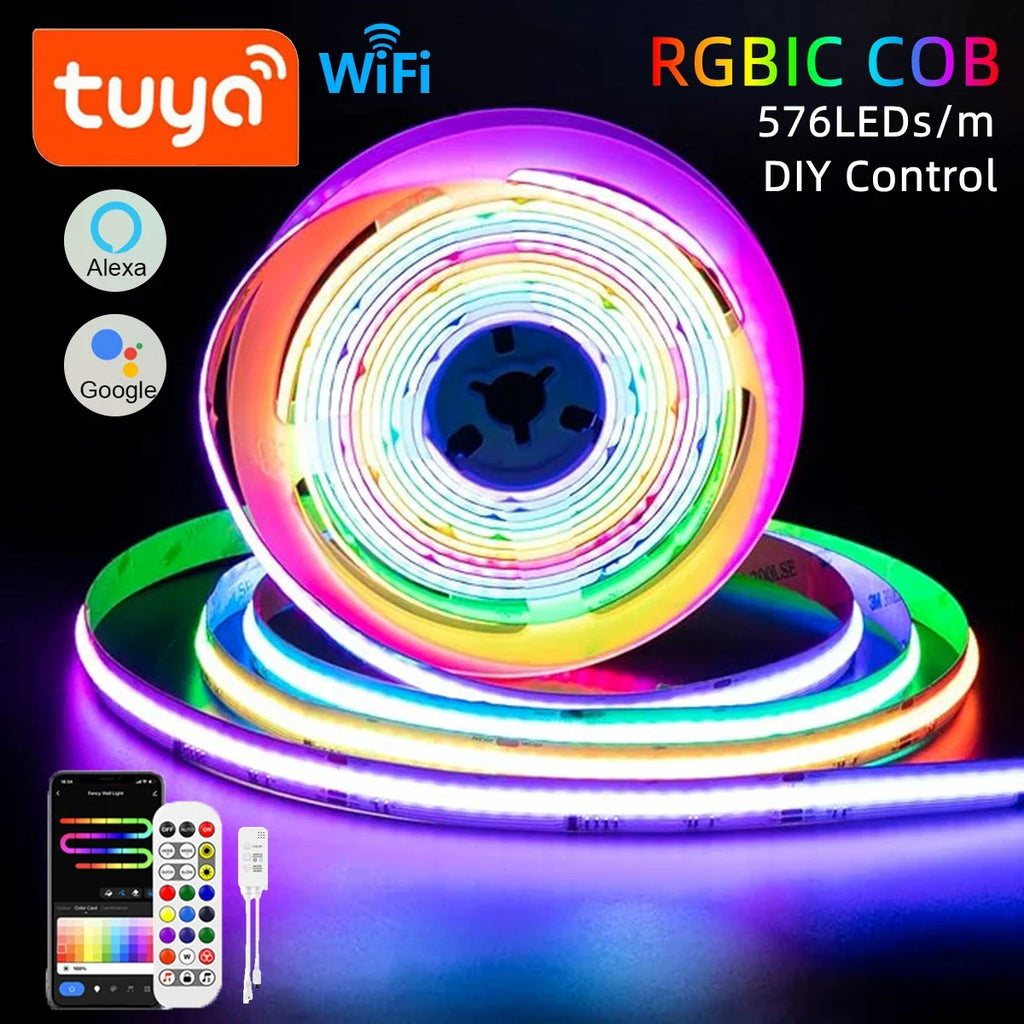 Tuya Wifi Intelligence RGB IC COB LED Strip Light 12V 24key Kit Remote Control 576LEDs/m High Density Linear Lights Flex Tape Oasis Select