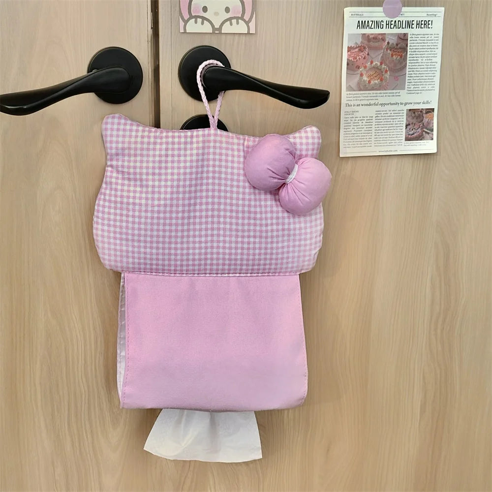 Portable Hanging Tissue Case Red Plaid Fabric Bow Tissue Box Living Room Container Home Car Towel Napkin Papers Bag Home Decor Oasis Select