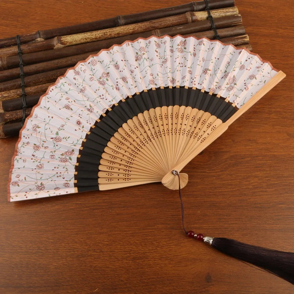 Costume Accessory Portable Folding Fan Classical Vintage Chinese Style Fan with Tassel Decorative Bamboo Fan Dance Performance Oasis Select Style A