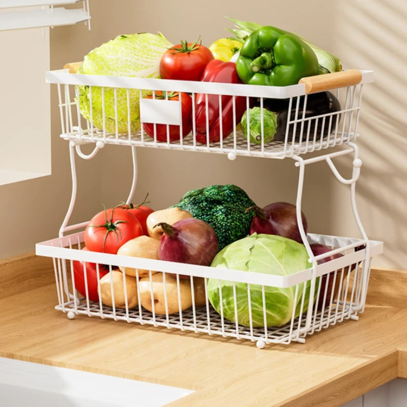 Kitchen Fruit Shelf Living Room Double-layer Removable Storage Rack Tray Wooden Handle Portable Vegetable and Fruit Basket Oasis Select