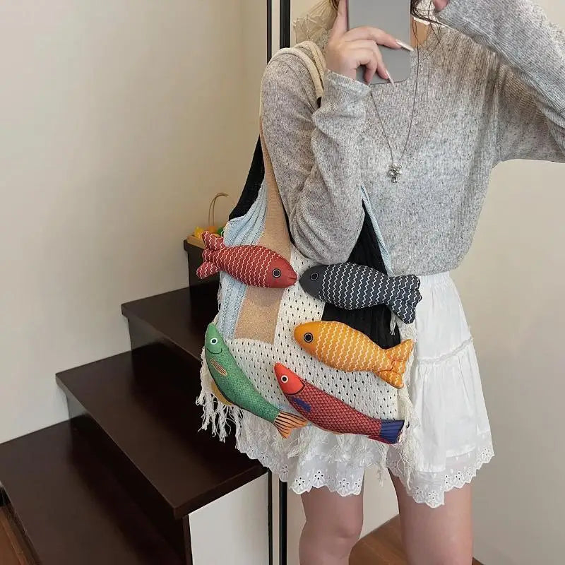 Cute Fish Relaxed Tassel Knitted Bag Splicing Shoulder Bag Little Fish Tote Bag Versatile Casual Commuter Handbag For Girls Gift Oasis Select