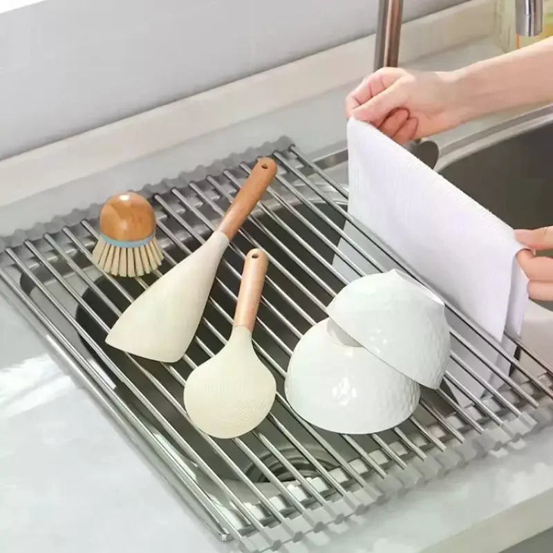 Roll Up Dish Drying Rack | Foldable Stainless Steel Sink Mat