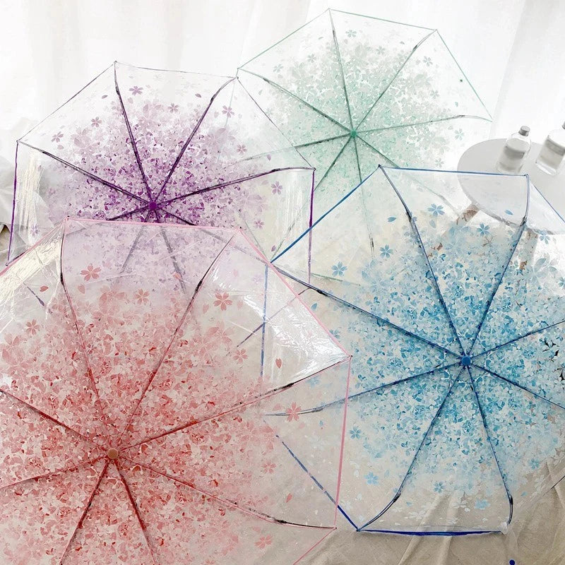 Automatic/Manual Opening And Closing Romantic Cherry Blossom Transparent Folding Umbrella Fresh Transparent Three-Fold Umbrella. Oasis Select