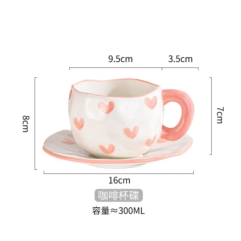 Ceramic Mugs & Saucers Set Coffee Cups Hand Pinched Irregular Flower Milk Tea Cup Ins Style Oatmeal Breakfast Mug Drinkware Oasis Select Pink-heart-set 301-400ml