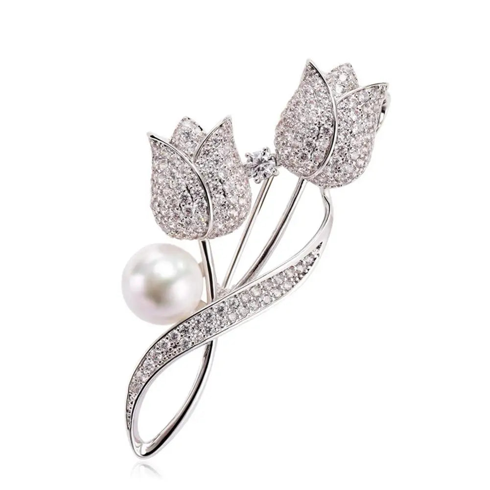 Zircon Tulip Pearl Brooch – Crystal Floral Lapel Pin for Women