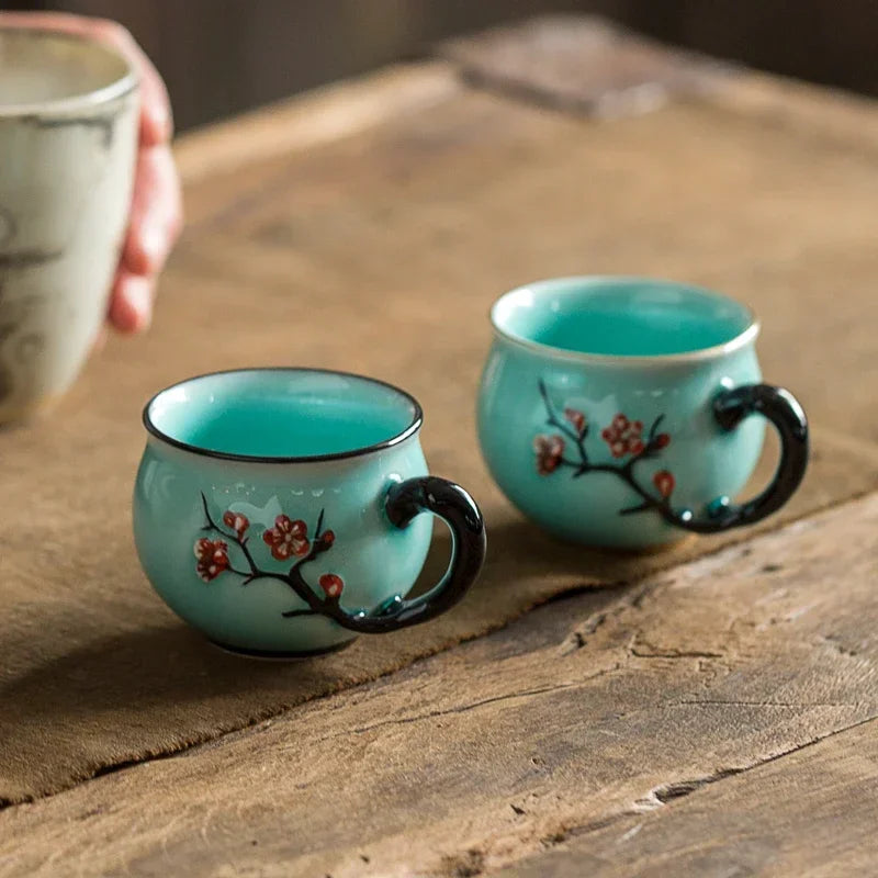 Chinese Handmade Plum Pattern Ceramic Tea Cup Small Coffee Cups with Handle China Porcelain Mugs Tea Set Oasis Select