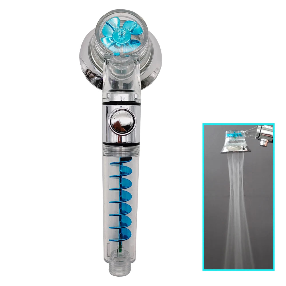 New Propeller Driven Fan Shower Head with Stop Button and Cotton Filter Turbocharged High Pressure Handheld Shower Nozzle Oasis Select Blue