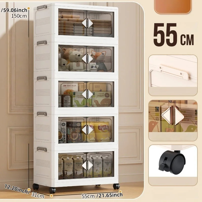 Foldable 55cm Width Plastic Storage Box Wheeled Multi-layer Clothing Cabinet Organizer for Books/Kitchen Supplies/Wears Oasis Select 55cm-White-5 Layers
