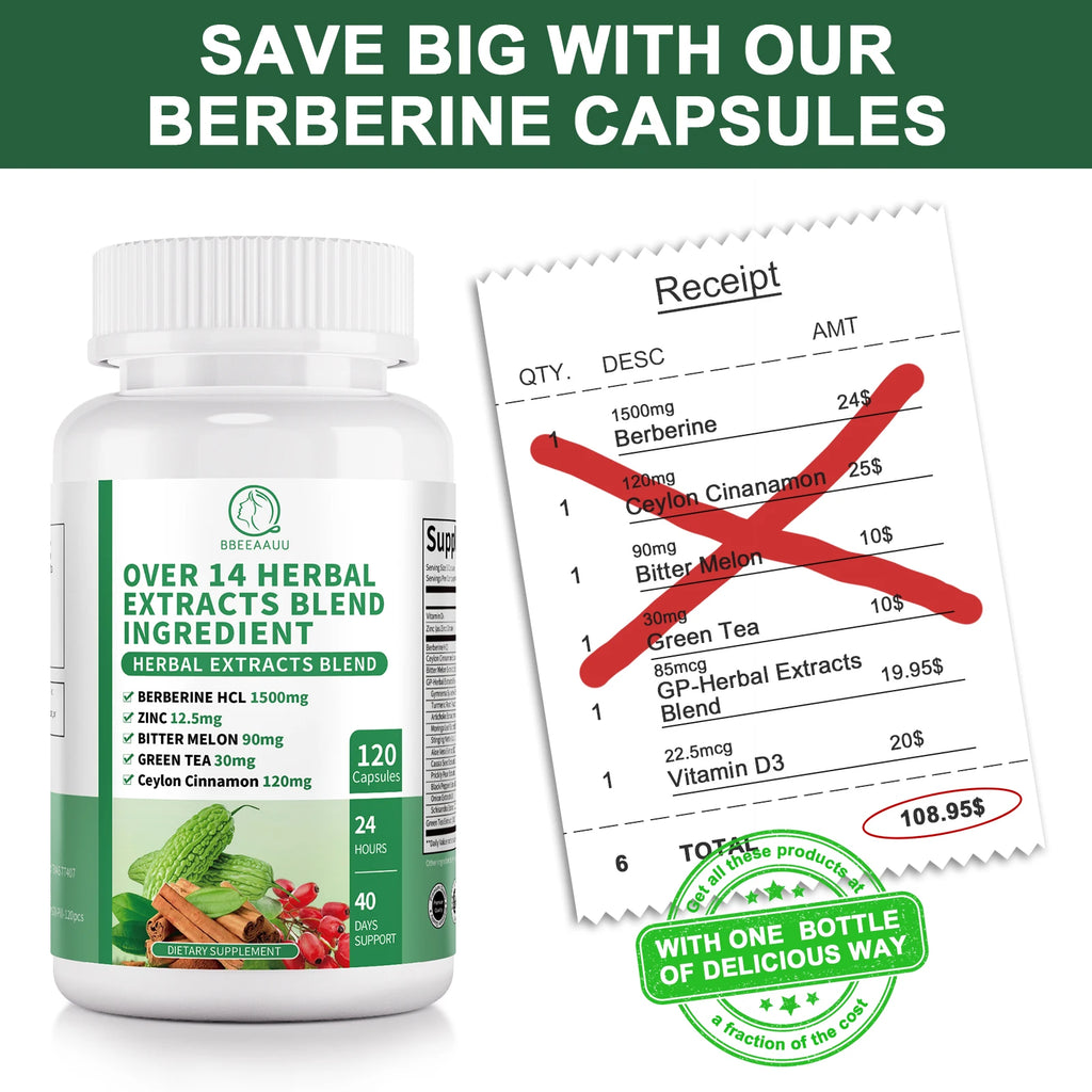 BBEEAAUU 1500MG Berberine HCL with Cinnamon, Bitter Gourd Promotes Liver Function, Gut Health, Immunity Health Oasis Select