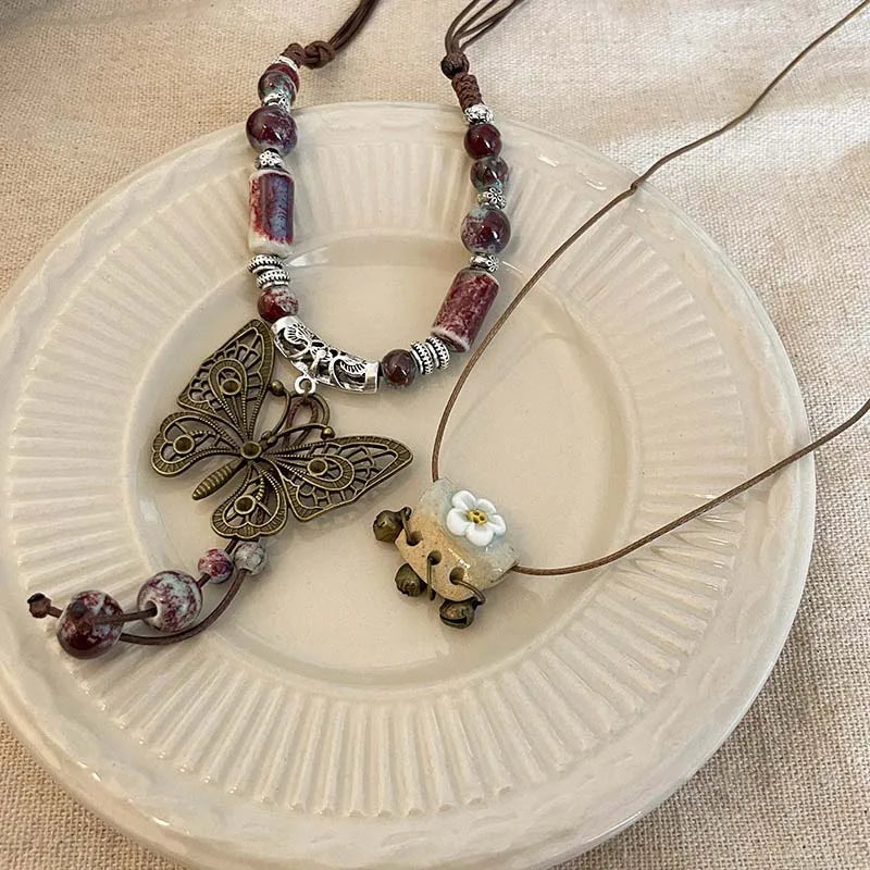 Vintage Ceramic Butterfly Pendant Necklace for Women 2025 New Chinese Ethnic Style Long Sweater Chain Necklace Jewelry Accessory Oasis Select