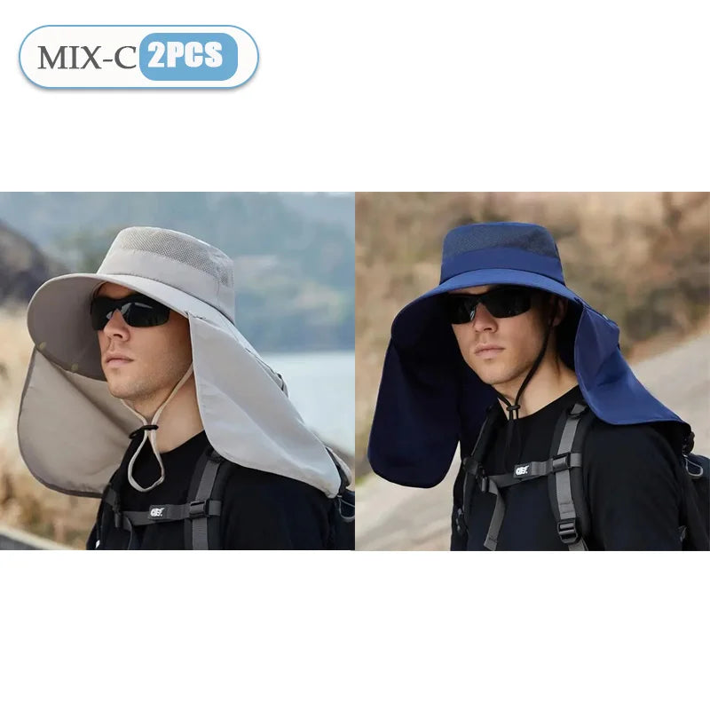 Fishing Hat for Men Summer Outdoor Sun Protection Cap with Neck Flap Wide Brim Fisherman Hat for Hiking Camping Beach Oasis Select MIX-C-2PCS
