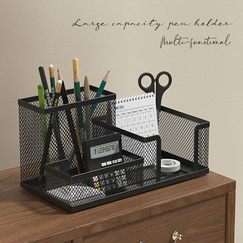 Mesh Desk Organizer Office Supplies Caddy with Pencil Holder and Storage Baskets for Desktop Accessories, 3 Compartments, Black Oasis Select