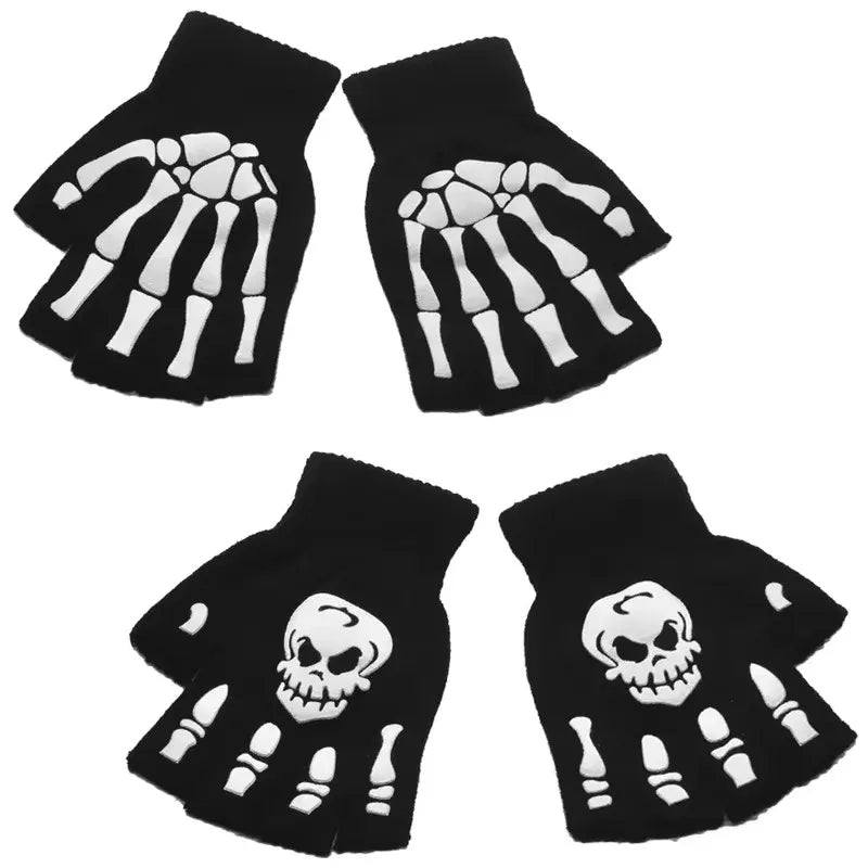 1-4pair Gloves Unisex Halloween Skeleton Skull Half Finger Gloves Glow In The Dark Fingerless Stretch Knitted Winter Mittens Oasis Select 2pair-mix 2