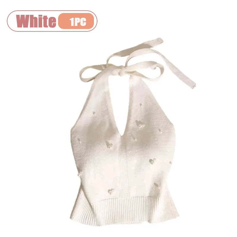 1-10PCS Beaded Halter Top for Women Sexy Backless Sleeveless Knit Cami Slim Fit Layering Outwear Summer Clothes Oasis Select White-1PC One Size